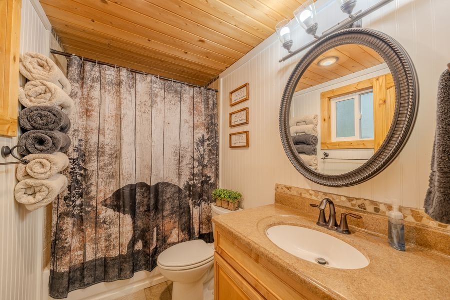 A-frame bathroom with bear shower curtain