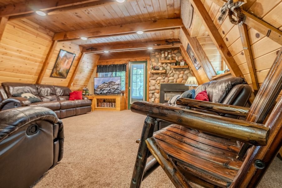 Great room — wide angle A-frame interior
