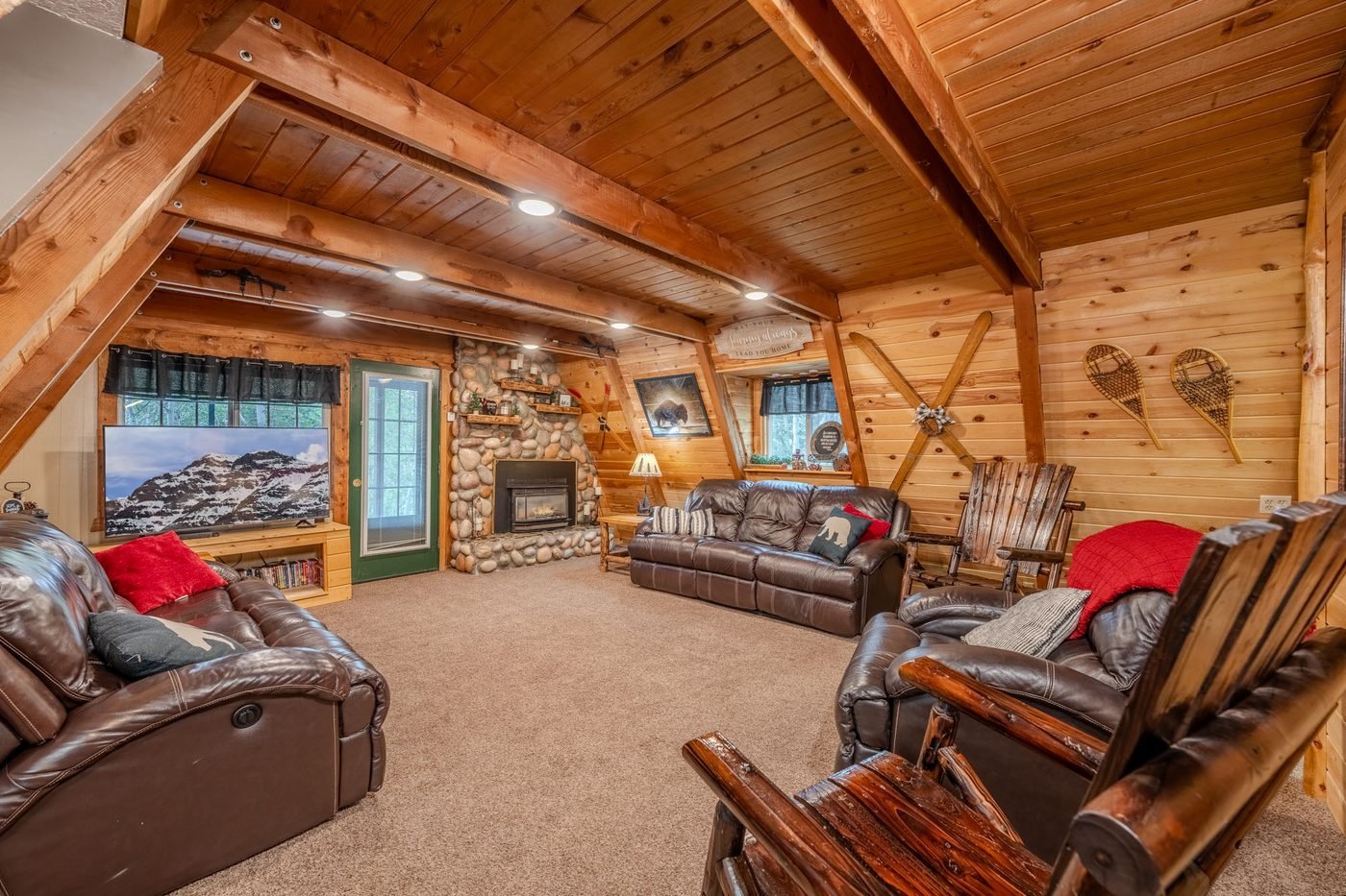 Lazy Moose Lodge A-frame great room with gas fireplace