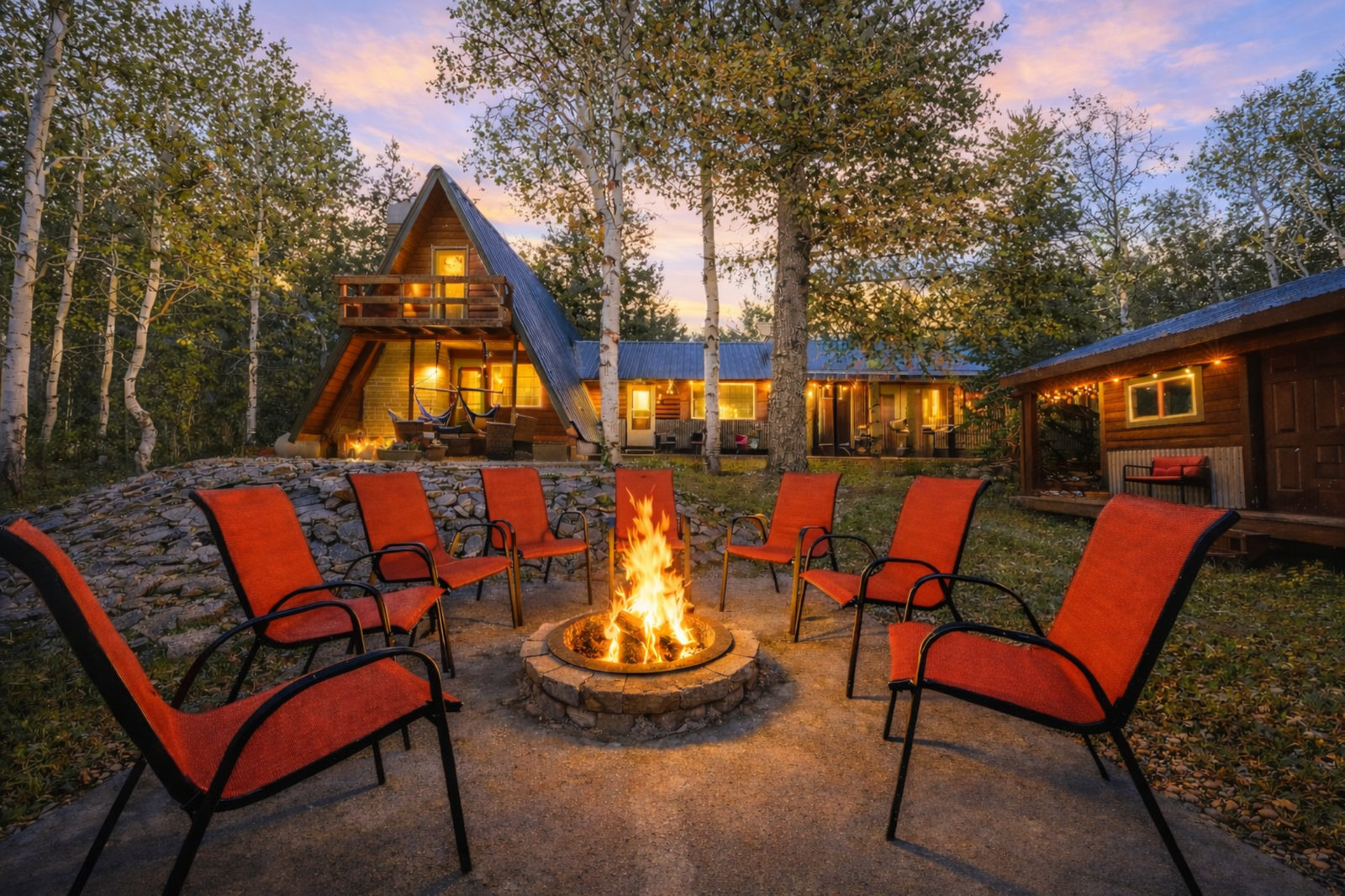 Lazy Moose Lodge firepit and exterior at dusk