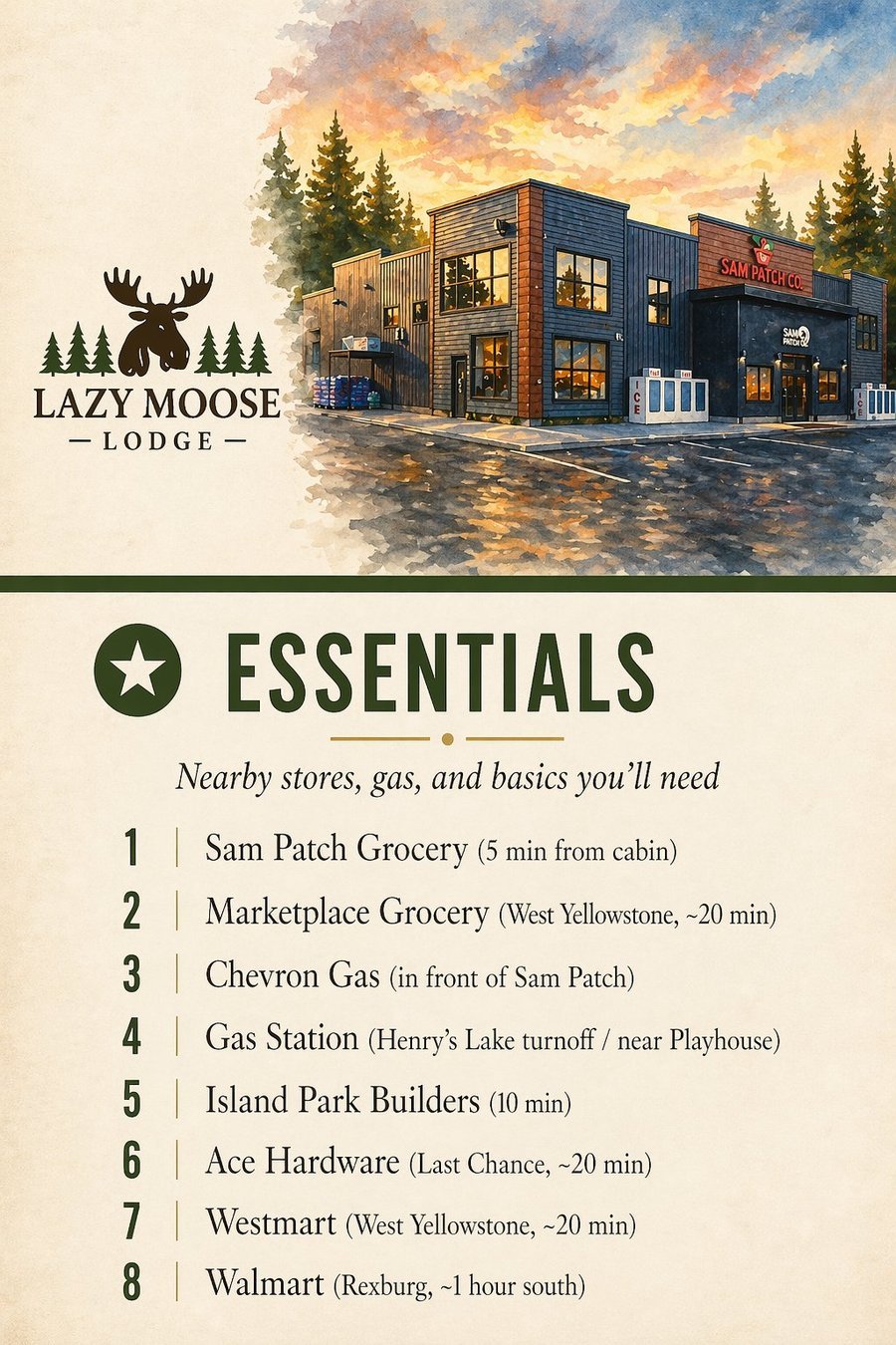 Essentials — nearby stores, gas, and basics near Lazy Moose Lodge