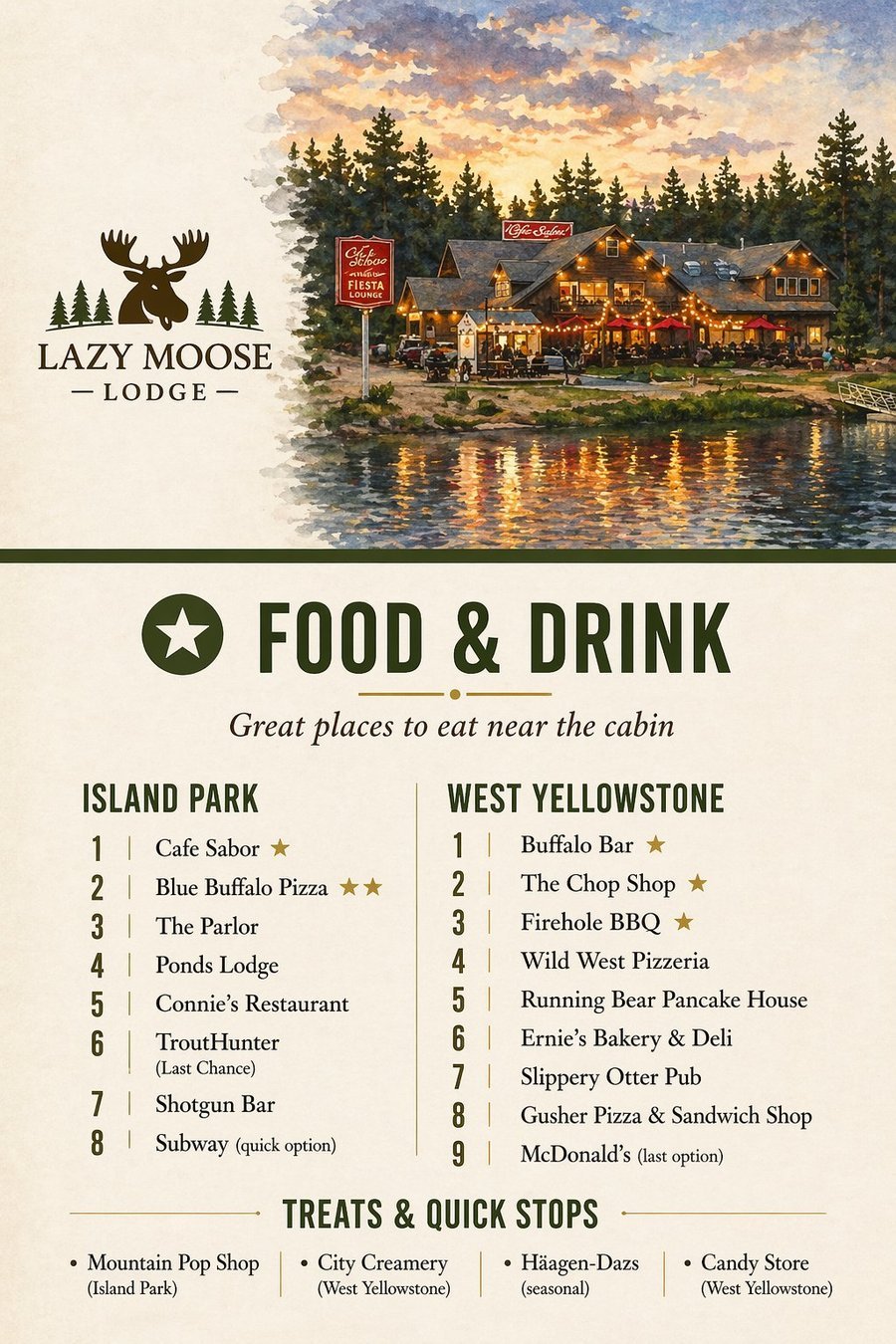 Food and Drink guide near Lazy Moose Lodge — Island Park and West Yellowstone restaurants