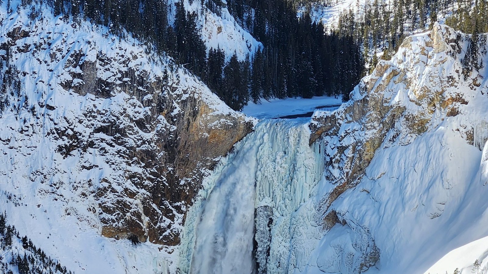The Lower Falls of the Yellowstone partly frozen, with snow on the canyon walls and pines
